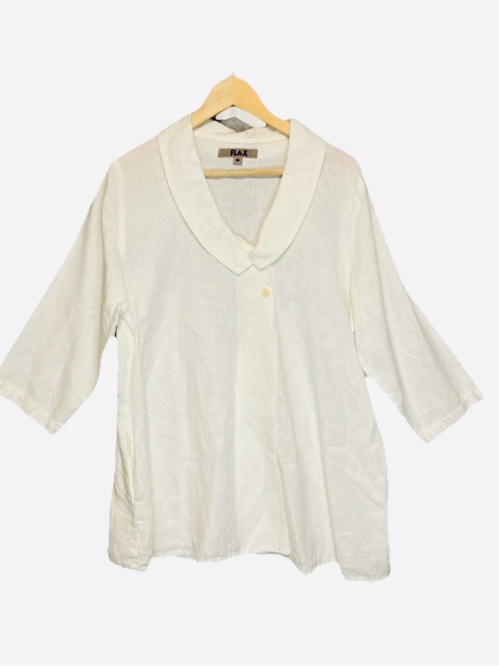 Flax Womens White Linen Blouse Top Sz Medium Pullover 3/4 sleeve